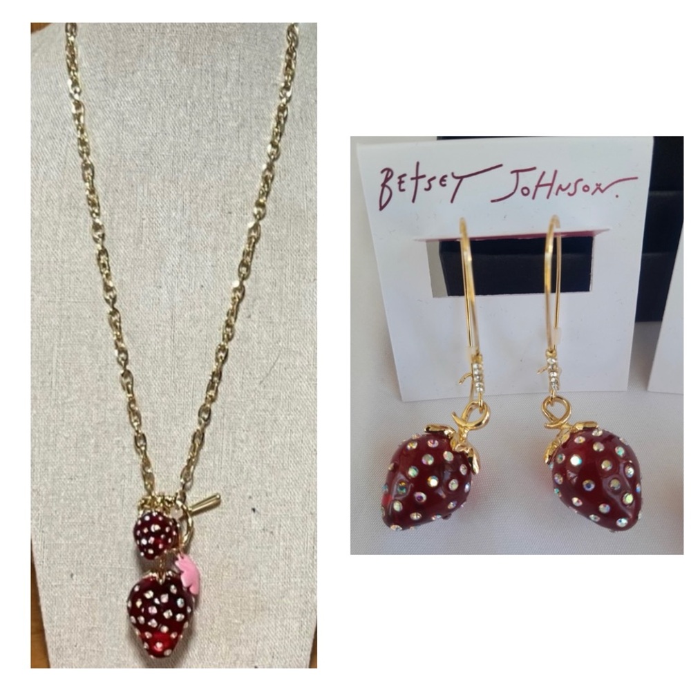 BETSEY JOHNSON SET Translucent Red Strawberry w Crystals Earrings & Necklace NWT